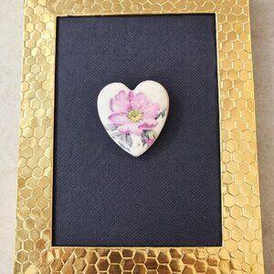 Vintage Hand Painted Floral Heart Brooch Porcelain Ceramic Pink Flower Pin